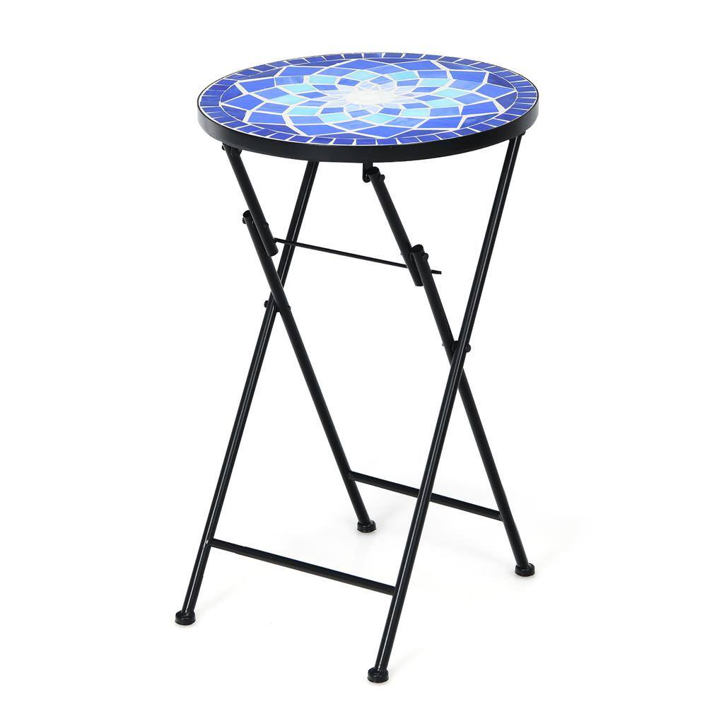 Costway Folding Mosaic Side Table 14 in. Dark Blue Bistro Round Ceramic ...