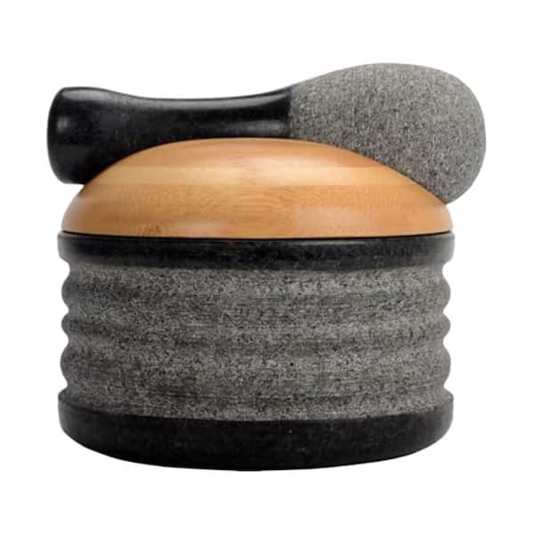 Granite Mortar and Pestle Set with Bamboo Lid Gray 5 Inch Manual Spice Grinder Guacamole Salsa Bowl Gift Box