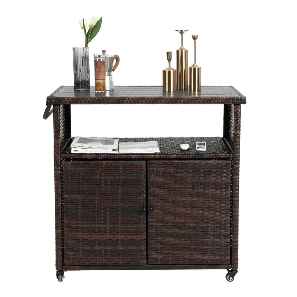 Brown Wicker Outdoor Bar Cart, Patio Rolling Wine Serving Cart with Wheels 