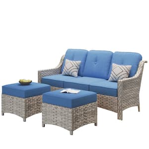 Eureka Grey 3-Piece Modern Wicker Outdoor Patio Conversation Sofa Seating Set with Blue Cushions