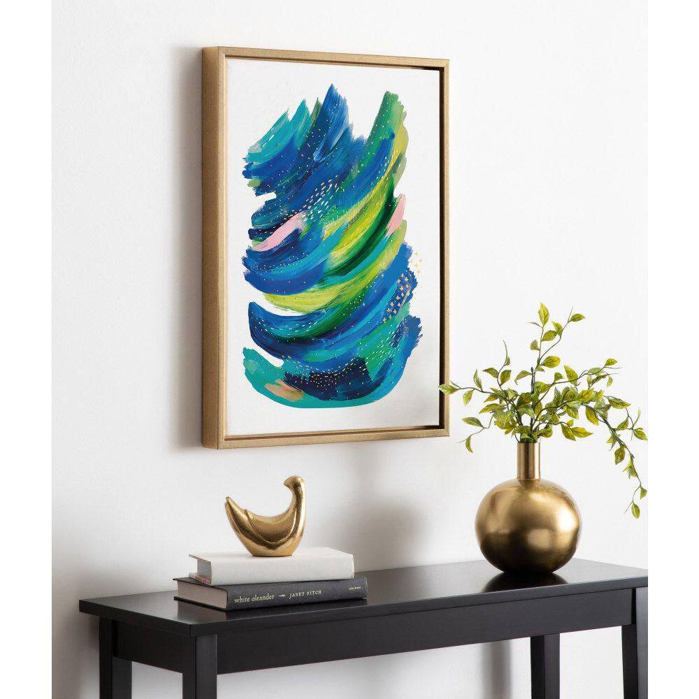 Bright Abstract Blue and Green Canvas Wall Art with Gold Frame, 18x24