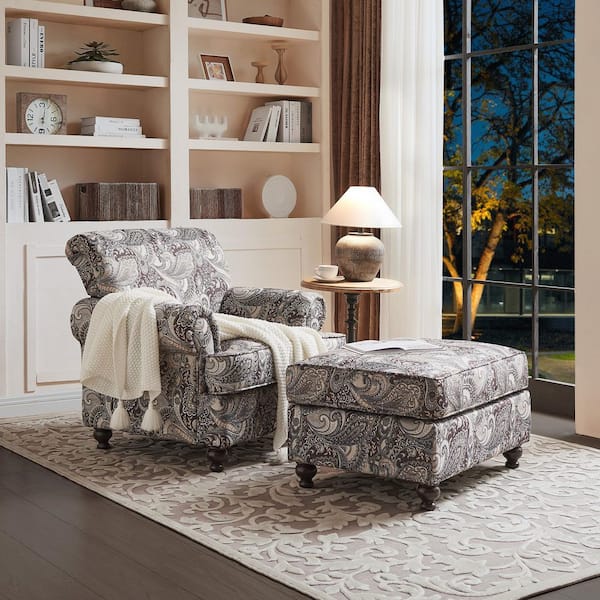 Classic Paisley Floral Chenille Arm Chair and Ottoman Set with Thick Cushion Accent Club Chairs for Living Room