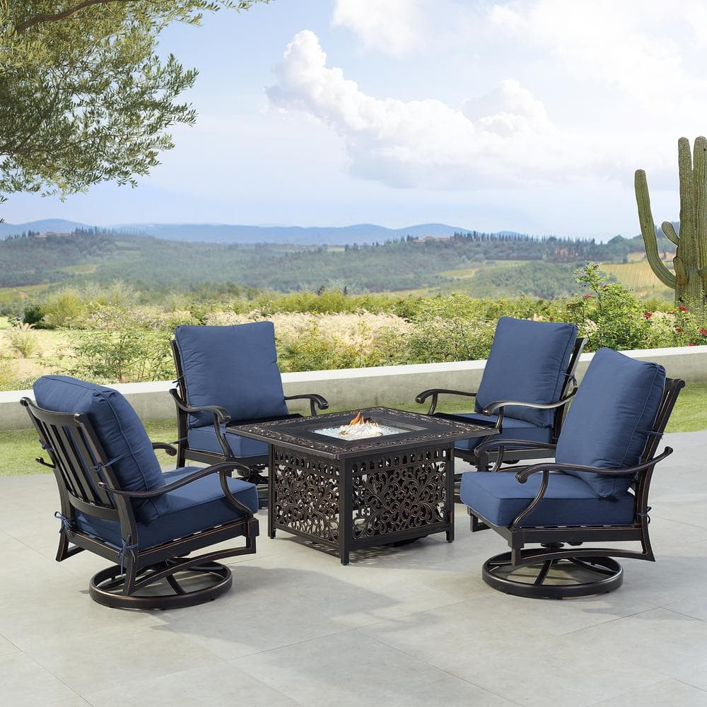Black 5-Piece Aluminum Patio Fire Table Set with Blue Cushions price history on PriceWatchPro