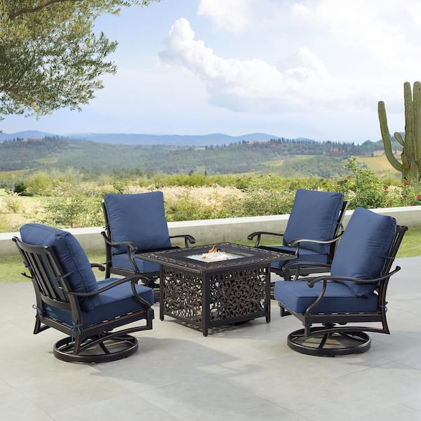 Oakland Living Black 5-Piece Aluminum Patio Fire Table Set with Blue Cushions