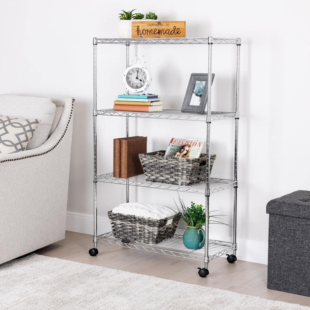 Adjustable 4-Tier Gray Steel Wire Shelving Unit with Wheels