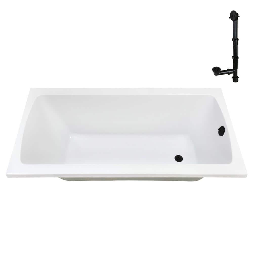 66" Glossy White Acrylic Soaking Drop-In Bathtub with Matte Black Trim