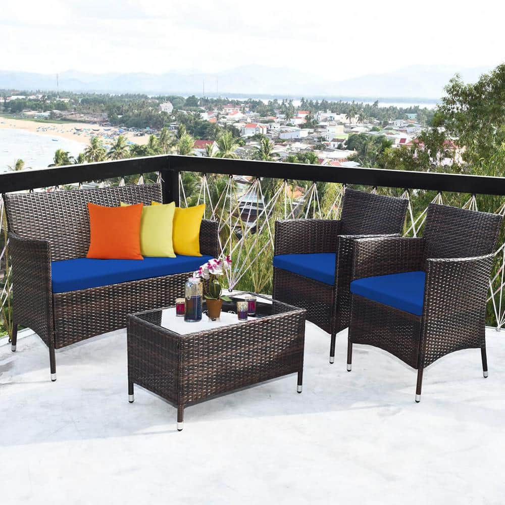 4-Piece Brown Steel Rattan Patio Set with Navy Cushions