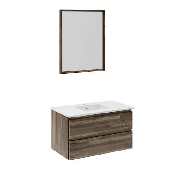 Fresca Formosa 36 in. Single Sink Wall Mount Acacia Bath Vanity with White Quartz Top, Undermount Ceramic Sink and Mirror