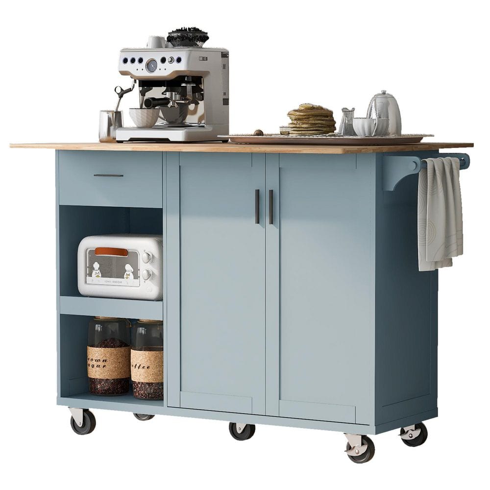 Grey Blue Kitchen Cart with Natural Wood Top with Cabinets