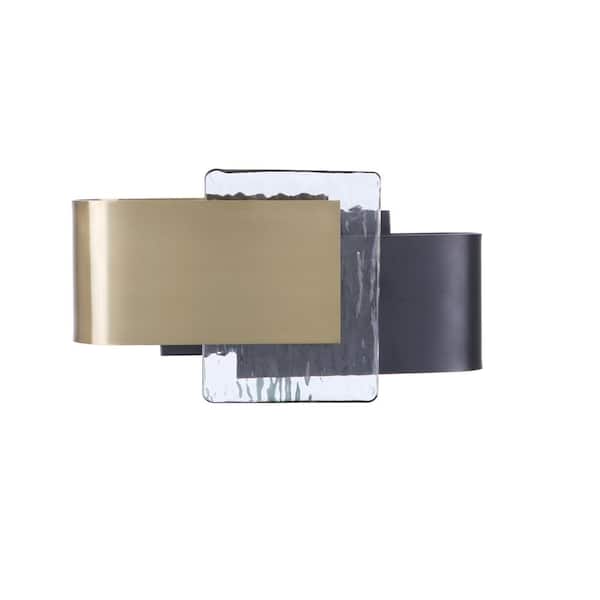 Harmony Transitional 1-Light Flat Black/Satin Brass Finish Dimmable LED Wall Sconce with Clear Artisan Glass