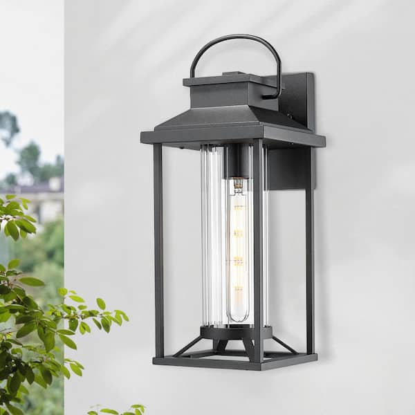 GMGSROM Modern 17.1 in. 1-Light Matte Black Outdoor Wall Lantern Sconce with Clear Glass Shade for Garage Front Porch Wall Light