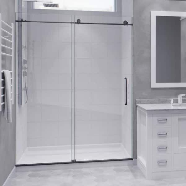 Madam Series 56 to 60 in. by 76 in. Frameless Sliding Shower Door in Gunmetal w/ Clear Tempered Glass and Tsunami Guard
