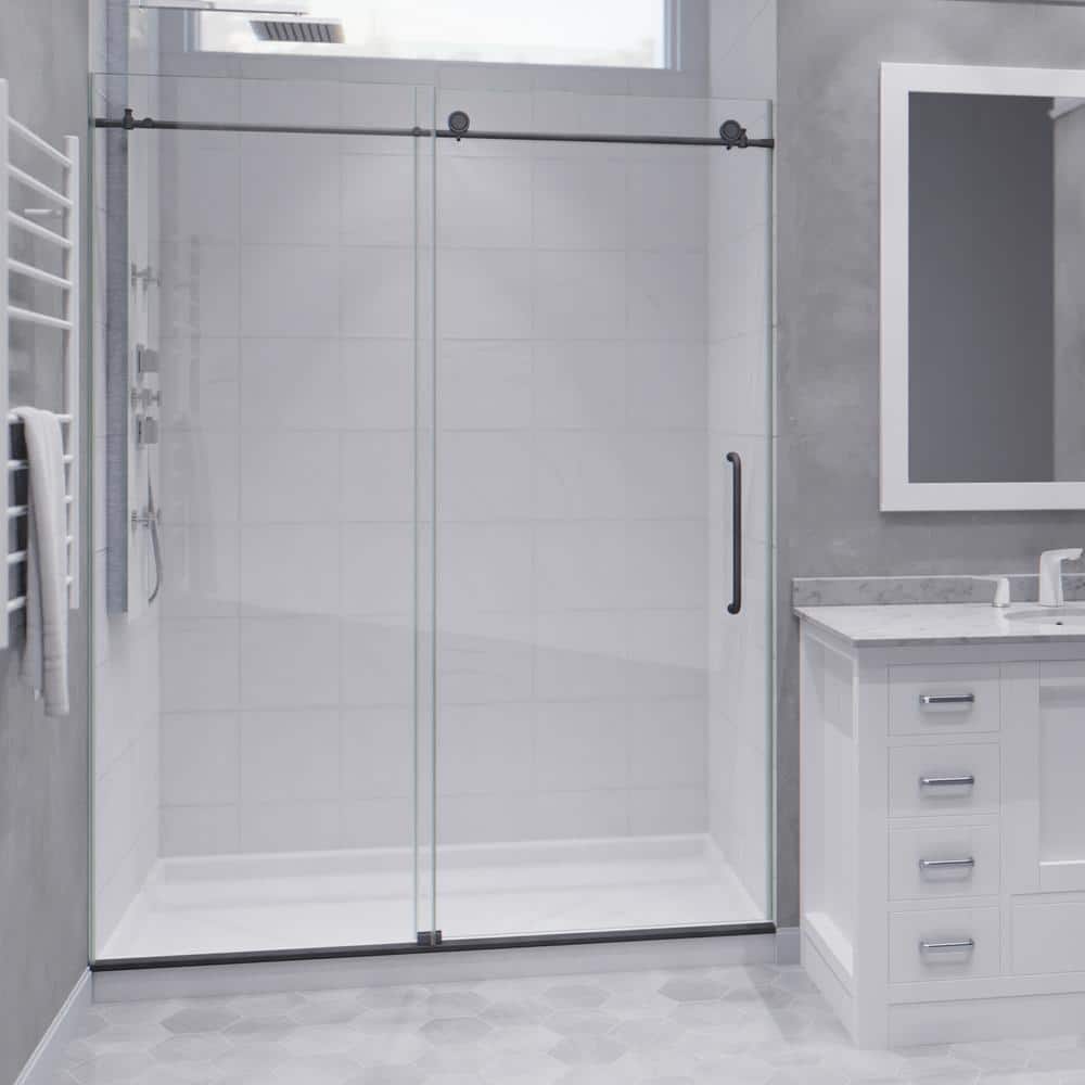 Leon Series 60 in. x 76 in. H Sliding Frameless Shower Door in Gunmetal wit