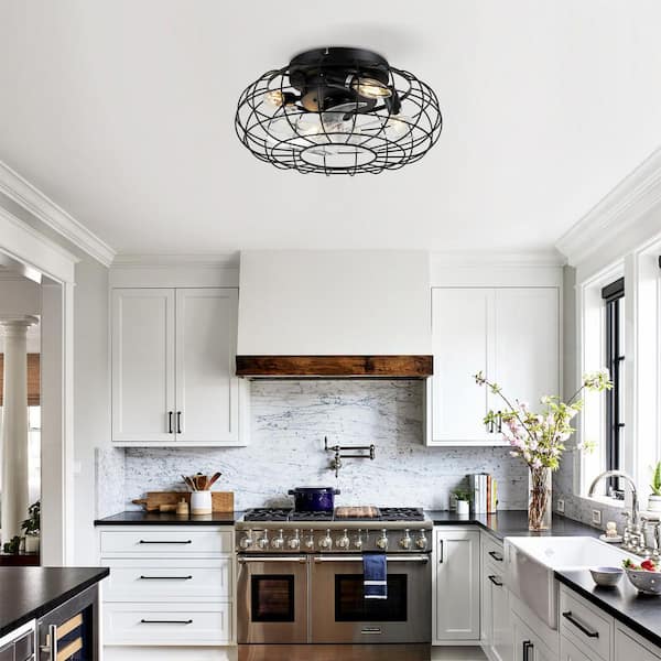 16 in 4-lights black Ceiling Fan Flush Mount with Remote 6 Speeds Reversible for Living Room Bedroom No Included Bulbs