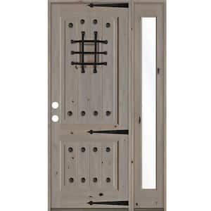 50 in. x 96 in. Mediterranean Knotty Alder Right-Hand/Inswing Clear Glass Grey Stain Wood Prehung Front Door w/RFSL