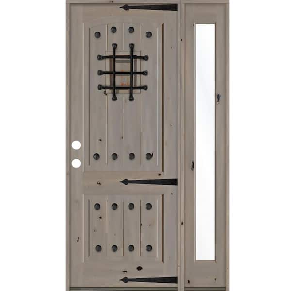 Krosswood Doors 50 in. x 96 in. Mediterranean Knotty Alder Right-Hand/Inswing Clear Glass Grey Stain Wood Prehung Front Door w/RFSL