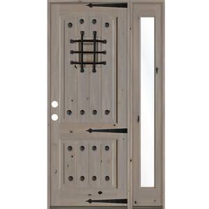 62 in. x 96 in. Mediterranean Knotty Alder Right-Hand/Inswing Clear Glass Grey Stain Wood Prehung Front Door w/RFSL