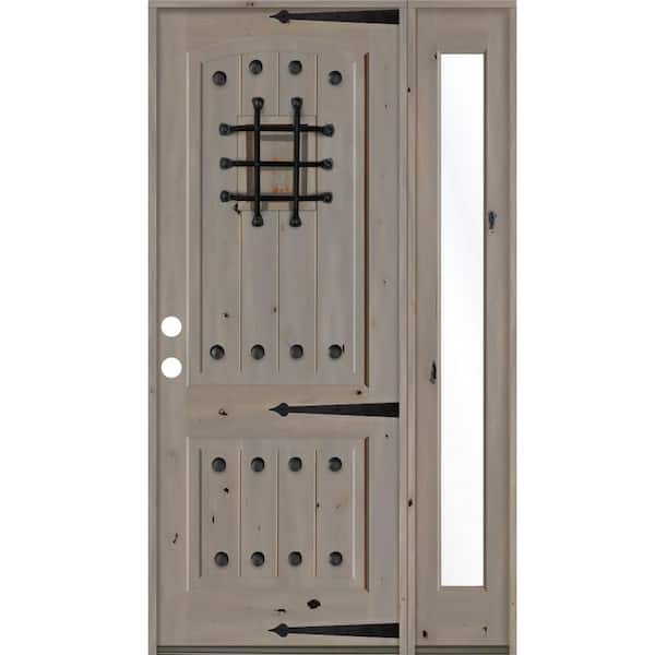 Krosswood Doors 62 in. x 96 in. Mediterranean Knotty Alder Right-Hand/Inswing Clear Glass Grey Stain Wood Prehung Front Door w/RFSL
