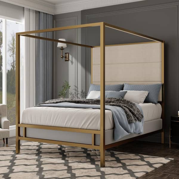 Leon Beige Wood and Gold Metal Frame Queen Size Canopy Bed with Tall Linen Upholstered Headboard, Tan