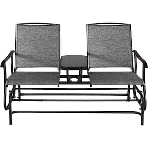 2-Person Black Metal Outdoor Double Glider Loveseat Rocking with Center Table Gray