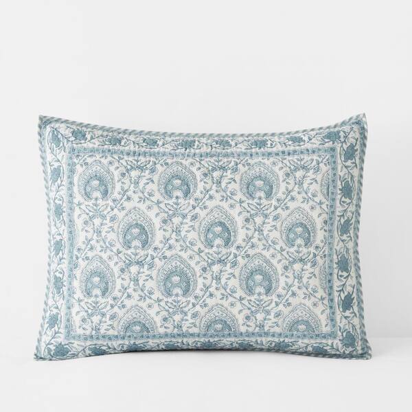 The Company Store Company Cotton Manesar Voile Quilted Blue/White Floral Cotton Standard Sham