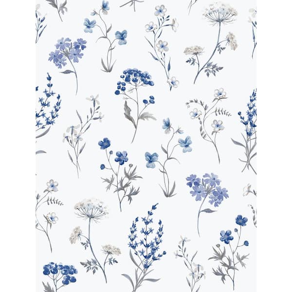 Unbranded Spring Blossom Collection Botanical Floral Mix Blue Matte Finish Non-Pasted Non-Woven Paper Wallpaper Roll