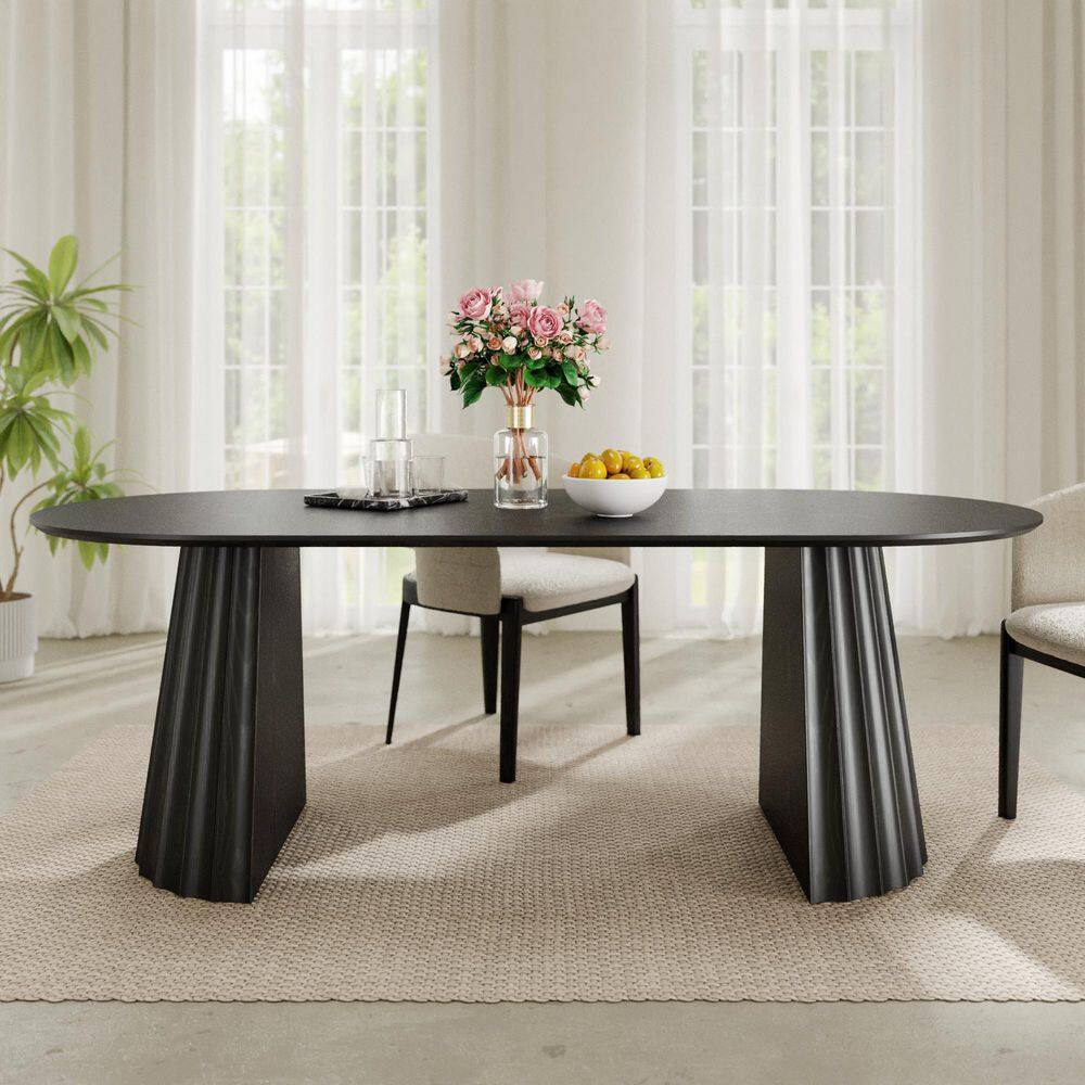 Oval Black Wooden Solid Wood 79 in. Double Pedestal Base Dining Table ...