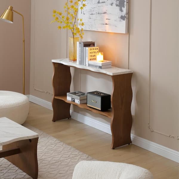 47.24 in. Walnut Brown Waves Modern Top Fiberboard End Table with White Marble-Pattern Top