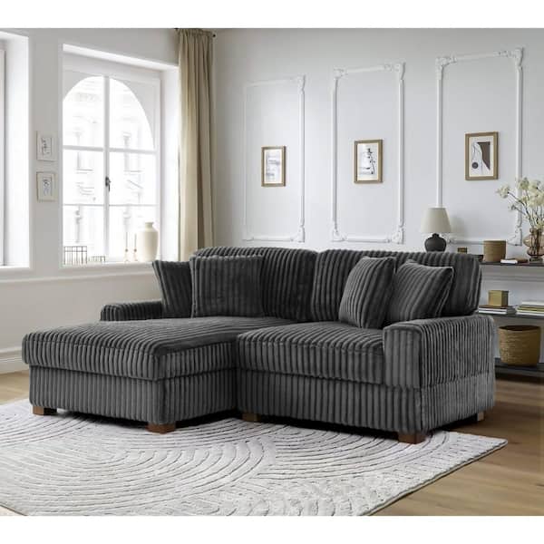 81.55 in. W Square Arm 2-Piece Faux Rabbit Fur Fabric L-Shaped Modern Sectional Sofa in Gray