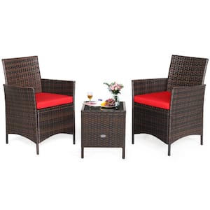 3-Piece Brown Wicker Patio Conversation Set Rattan Furniture Set with Red Cushions and Glass Tabletop Deck