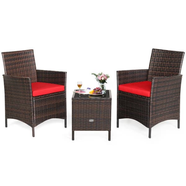 Clihome 3-Piece Brown Wicker Patio Conversation Set Rattan Furniture Set with Red Cushions and Glass Tabletop Deck