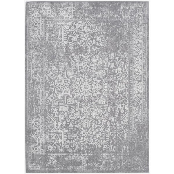 Evoke Silver/Ivory 6 ft. x 8 ft. Distressed Border Medallion Area Rug