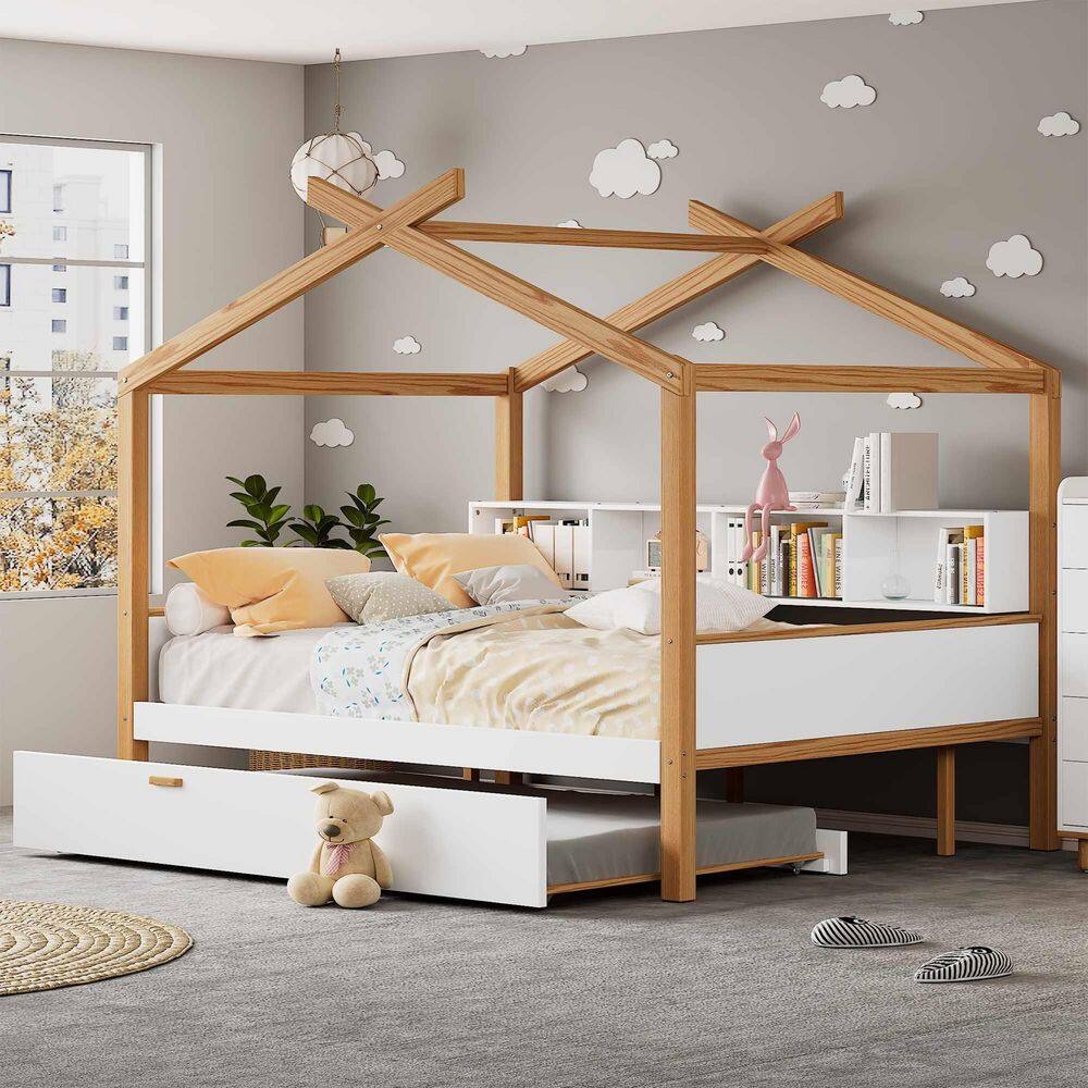 White Wood Frame Twin Size Platform Bed with Original Wood Colored Frame Twin Size Trundle and Bookshelf Storage Space price history on PriceWatchPro