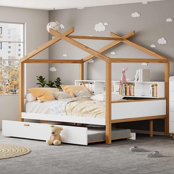 White Wood Frame Twin Size Platform Bed with Original Wood Colored Frame Twin Size Trundle and Bookshelf Storage Space