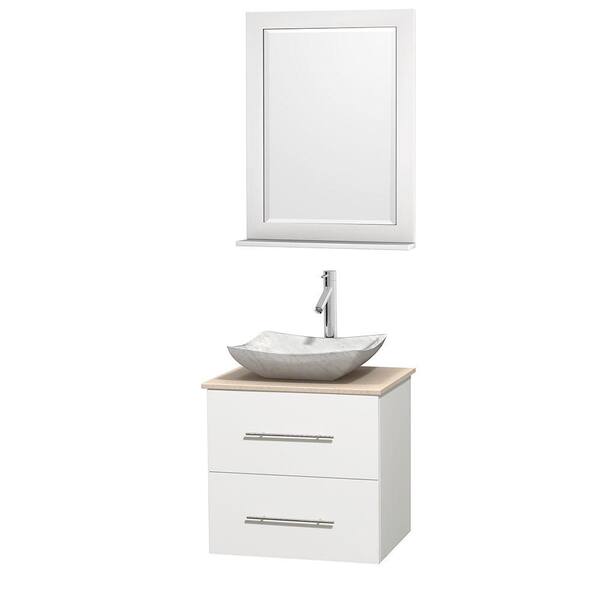 Wyndham Collection Centra 24 in. Vanity in White with Marble Vanity Top in Ivory, Carrara White Marble Sink and 24 in. Mirror