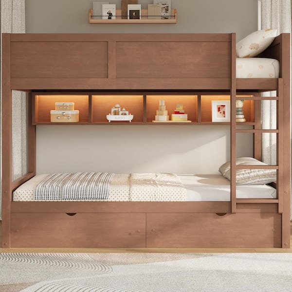 Brown Full XL over Full XL Bunk Bed with Storage Cabinets, LED Light and 2-Drawers