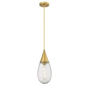 Malone 100-Watt 1 Light Brushed Brass Shaded Pendant Light with Clear glass Clear Glass Shade