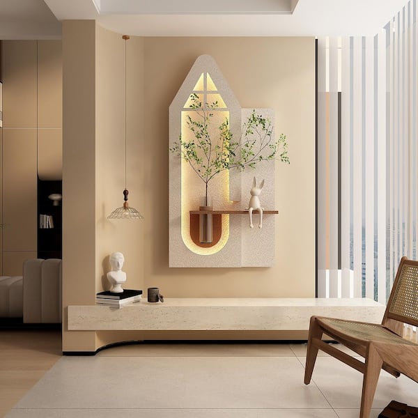 23.62 in. x 47.24 in. Beige 3D LED Sandstone Wall Architectural Decor with Glass Vase and Rabbit Statue by PVC
