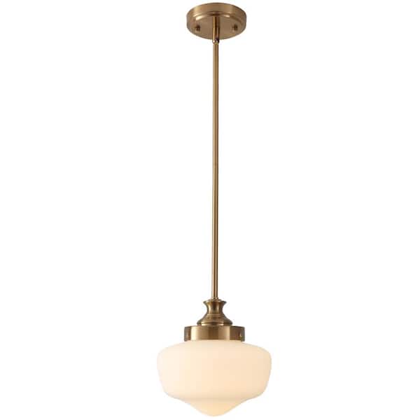 1-Light Modern Brass Hanging Pendant Light Fixture with White Ribbed Glass Shade