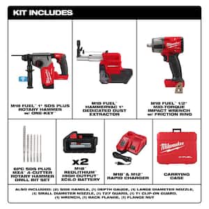 M18 FUEL ONE-KEY 18V Lith-Ion Brushless Cordless 1 in. SDS-Plus Rotary Hammer w/1/2 in. Impact Wrench & Drill Bit Set
