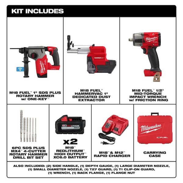 M18 FUEL ONE-KEY 18V Lith-Ion Brushless Cordless 1 in. SDS-Plus Rotary Hammer w/1/2 in. Impact Wrench & Drill Bit Set