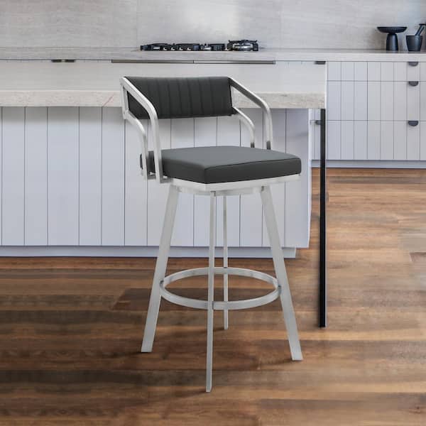 Armen Living Scranton Grey Swivel Modern Metal and Slate Faux Leather Bar and Counter Stool