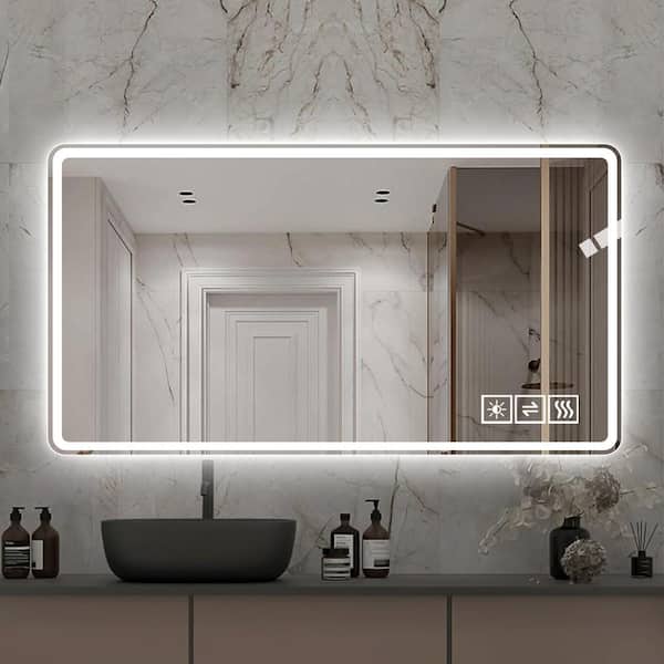 WELLFOR 48 in. W x 32 in. H Rectangular Frameless Wall-mounted Bathroom Vanity Mirror in Silver