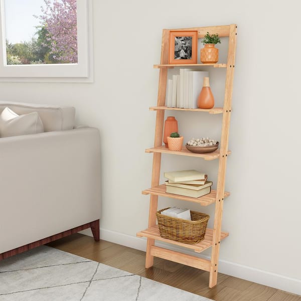 Lavish Home 50 in. Pickled Oak Wood 5-shelf Ladder Bookcase with Open Back