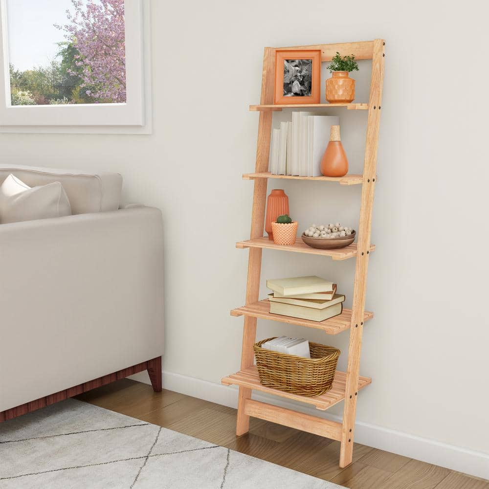5-Tier Ladder Bookshelf- Leaning Decorative Shelves- Pickled Oak, image size:1000x1000