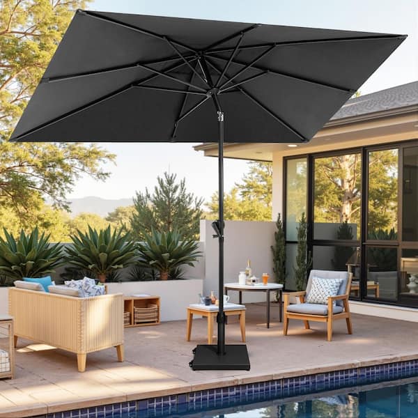 9 ft. x 5 ft. Rectangular Metal Market Crank and Tilt Outdoor Patio Umbrella in Black with 45 lbs. Concrete Wheeled Base