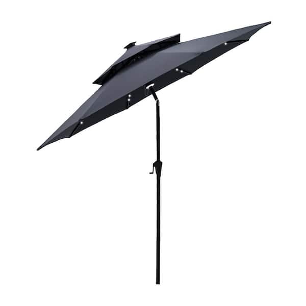 FLAME&SHADE 9 ft. Double Top Aluminum Market Solar Lighted Tilt Patio Umbrella with LED in Anthracite Solution Dyed Polyester