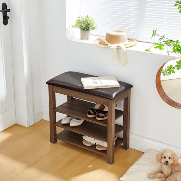 24 in. Brown Adjustable Height Shoe Bench with Storage-Rubberwood Frame, PU Leather Seat, Bedroom Bench