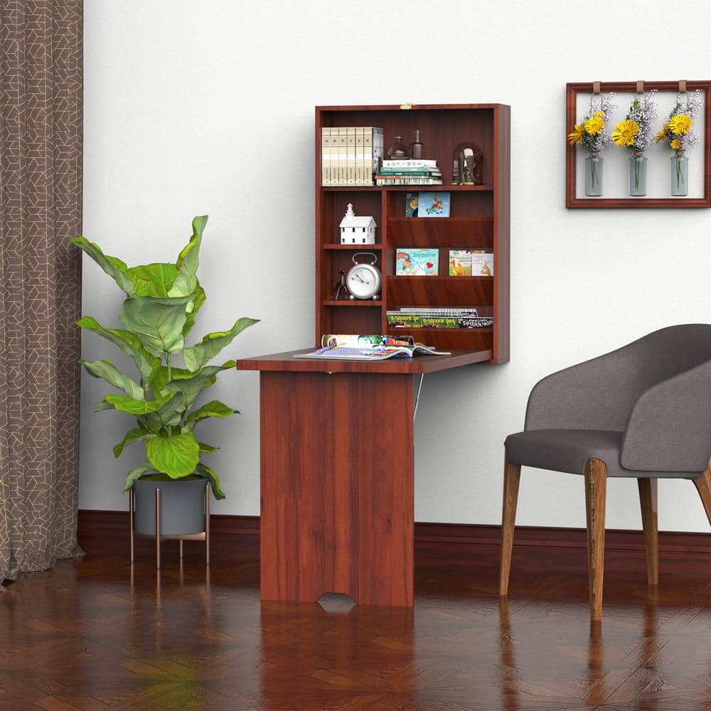 Brown Fold-Out Wall Mounted Desk with Adjustable Shelves