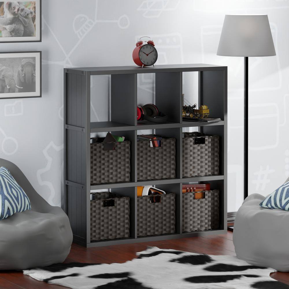Modernistic Black 3x3 Storage Shelf with Foldable Chocolate Baskets